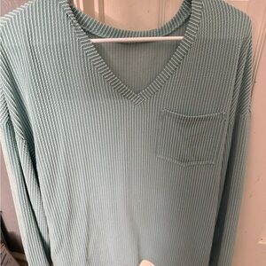 Light Mint V-Neck Raised Ribbed Long Sleeve.